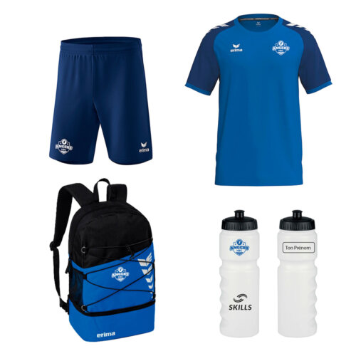 Pack entrainement Angers HBC comprenant une gourde, un sac à dos, un T-Shirt et un short marqués au logo du club de Handball Angers HBC
